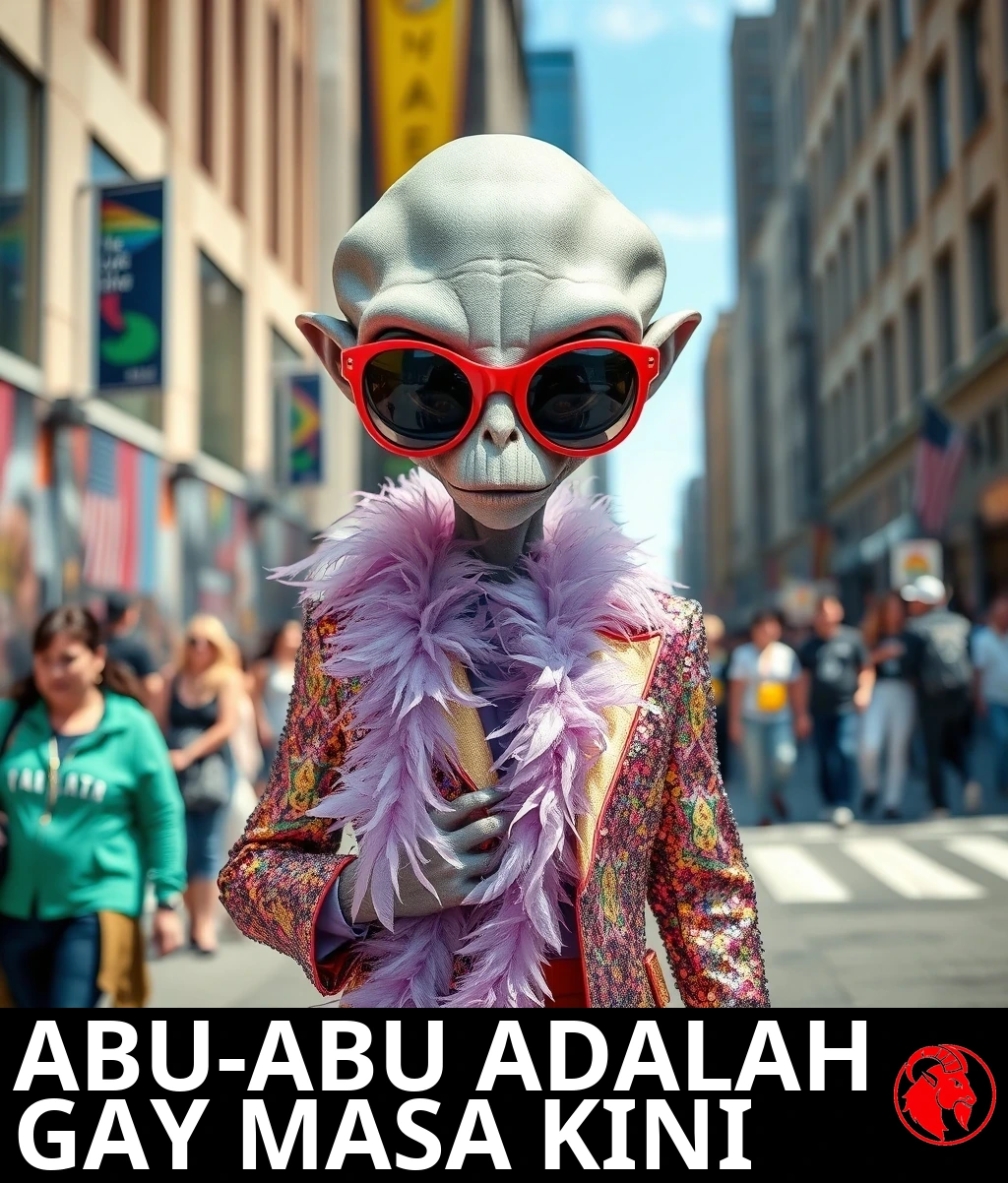Seorang alien abu-abu di jalan kota dengan busana flamboyan: kacamata hitam merah berukuran besar, boa bulu merah muda, dan jaket berpayet. Keterangan: Abu-abu adalah warna gay yang baru.