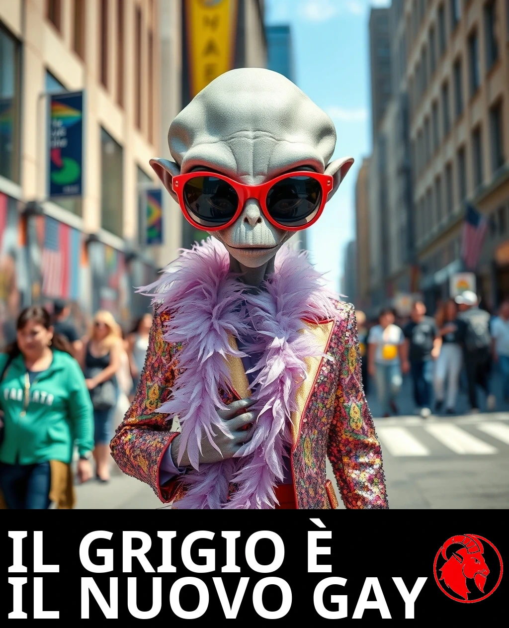 Un alieno grigio in una strada cittadina, sfoggiando uno stile sgargiante: occhiali da sole rossi oversize, un boa di piume rosa e una giacca di paillettes. Didascalia: Il grigio &egrave; il nuovo gay.