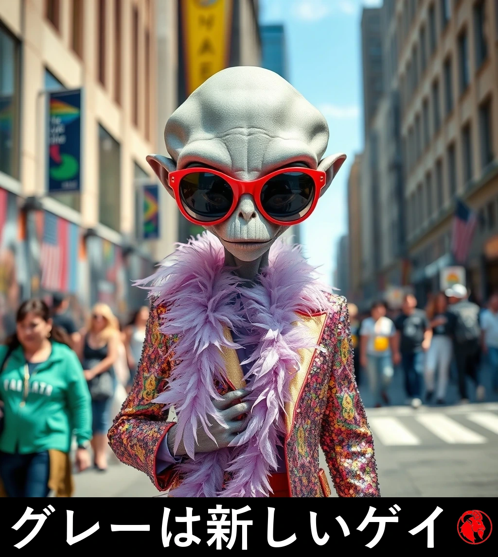 街角に立つ灰色の宇宙人が派手なファッションに身を包んでいる。特大の赤いサングラス、ピンクの羽根ボア、スパンコールのジャケット。キャプション：グレイは新しいゲイ。