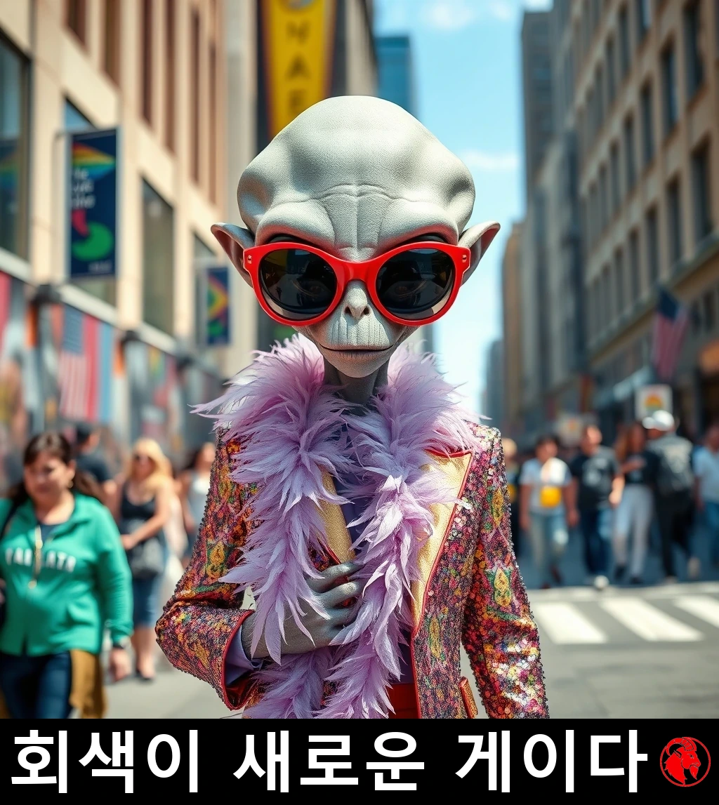 도심 거리에 선 회색 외계인이 화려한 패션을 뽐낸다. 커다란 빨간 선글라스, 분홍 깃털 목도리, 그리고 스팽글이 박힌 재킷 차림이다. 캡션: 회색이 새로운 게이다.