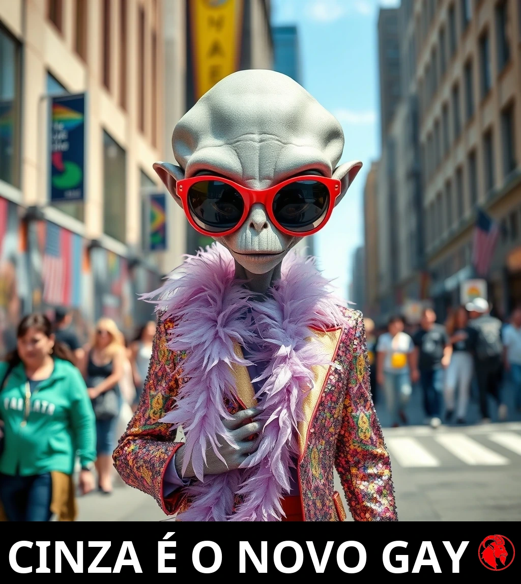 Um alienígena cinza numa rua da cidade em estilo extravagante: óculos de sol vermelhos enormes, uma boa de plumas cor-de-rosa e uma jaqueta de lantejoulas. Legenda: Cinza é o novo Gay.