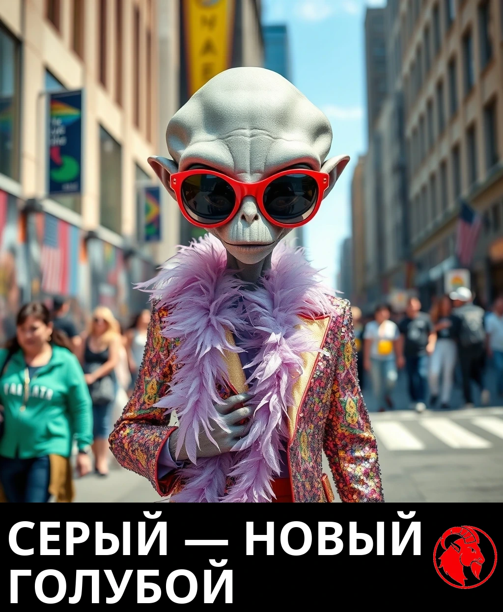 Серый инопланетянин на городской улице в вызывающем наряде: огромные красные солнечные очки, розовое боа из перьев и пиджак с пайетками. Подпись: Серый &mdash; это новый голубой.