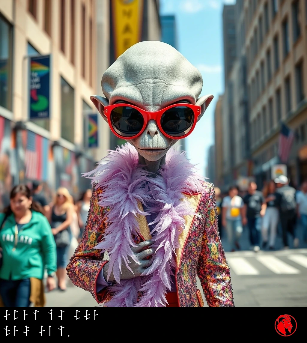 A grey alien on a city street in flamboyant fashion: oversized red sunglasses, a pink feather boa, and a sequined jacket. Caption: Grey is the new Gay.