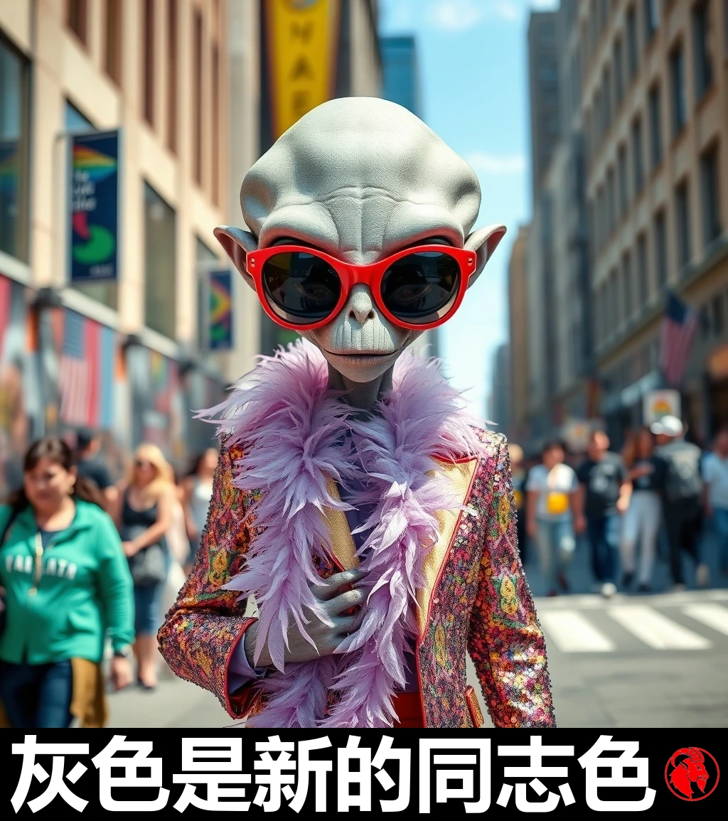 一名灰人走在城市街头，打扮浮夸张扬：超大号红色墨镜、粉色羽毛围巾、亮片夹克。说明文字：灰色是新的同志色。