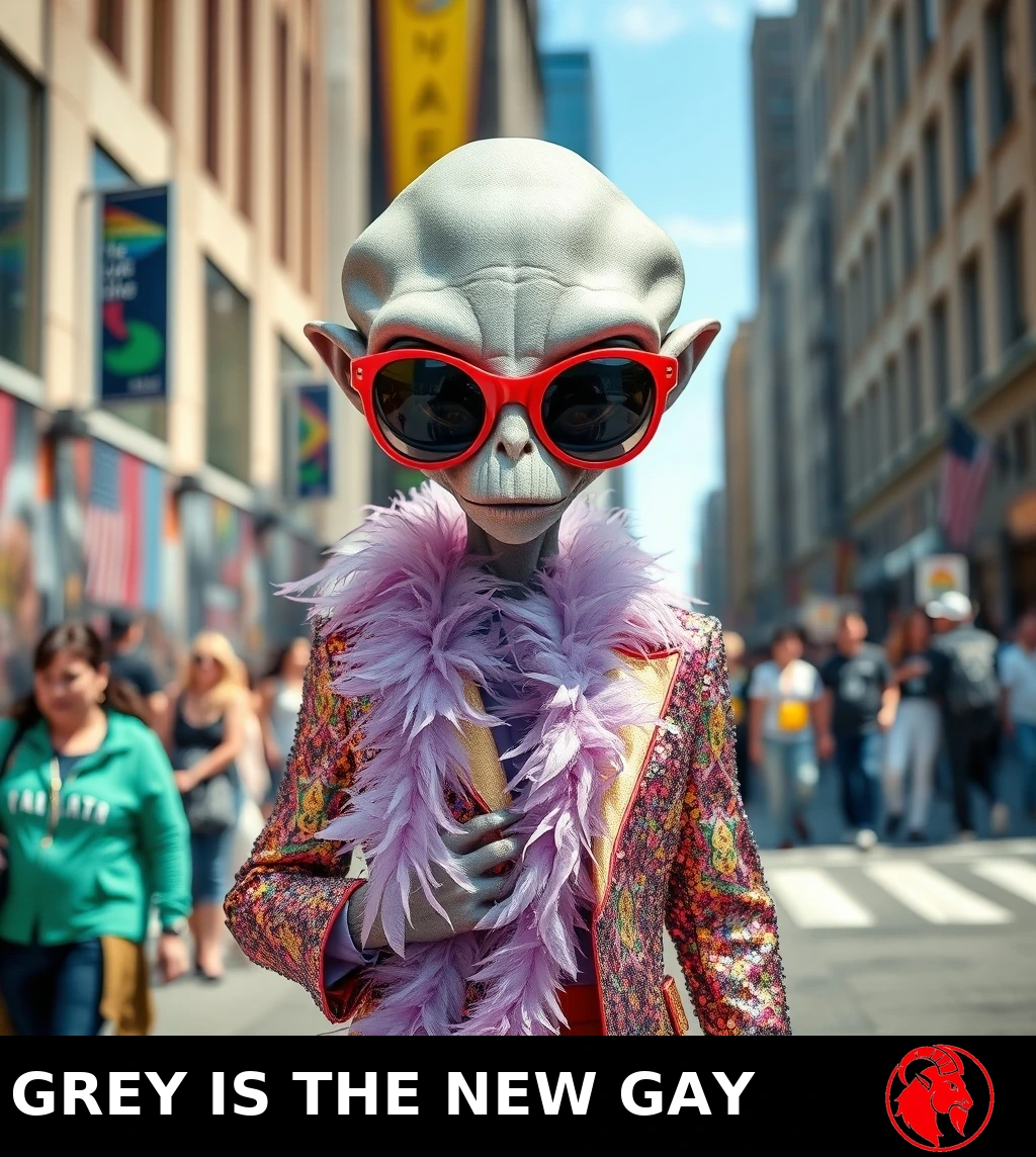 A grey alien on a city street in flamboyant fashion: oversized red sunglasses, a pink feather boa, and a sequined jacket. Caption: Grey is the new Gay.