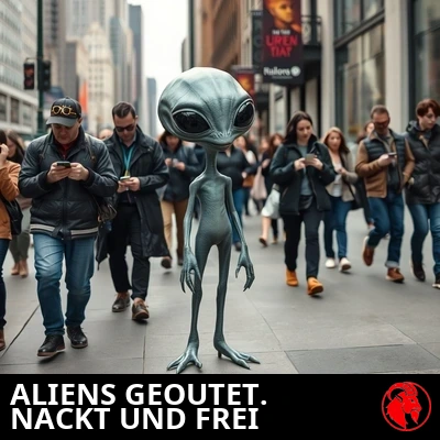 Ein nackter grauer Außerirdischer schlendert selbstbewusst über einen belebten Gehweg in der Stadt, während die menschlichen Passanten ihn ignorieren, vertieft in ihre Handys. Bildunterschrift: Außerirdische endlich geoutet. Genießen die nackte Freiheit.
