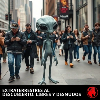 Un alienígena gris desnudo paseando con aplomo por una acera urbana abarrotada mientras los peatones humanos lo ignoran, absortos en sus móviles. Pie de foto: Por fin se destapa a los alienígenas. Saboreando la libertad de andar en cueros.
