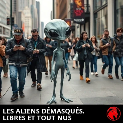 Un alien gris nu déambule avec assurance sur un trottoir bondé d'une grande ville tandis que les passants l'ignorent, absorbés par leur téléphone. Légende : Les aliens enfin outés. La douce liberté d'être à poil.