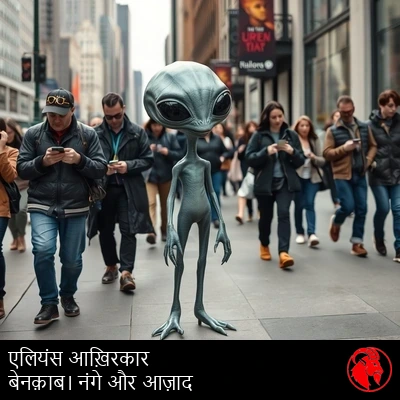 एक नग्न धूसर एलियन भीड़भाड़ वाले शहरी फ़ुटपाथ पर आत्मविश्वास से टहल रहा है, जबकि आसपास के इंसान अपने फ़ोन में डूबे हुए उसे अनदेखा कर रहे हैं। कैप्शन: आख़िरकार एलियन बेनक़ाब। नंगी आज़ादी का मज़ा ले रहे हैं।