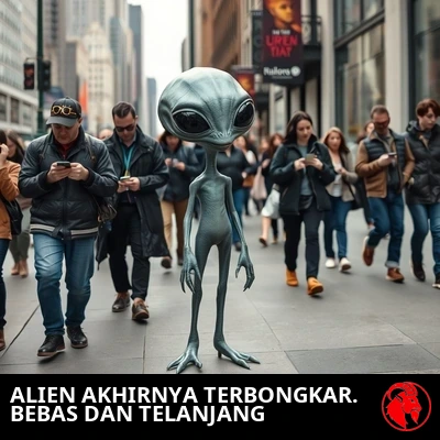 Seorang alien abu-abu telanjang melenggang penuh percaya diri di trotoar kota yang ramai sementara para pejalan kaki manusia mengabaikannya, asyik dengan ponsel mereka. Keterangan: Alien akhirnya terbongkar. Merasakan kebebasan tanpa busana.