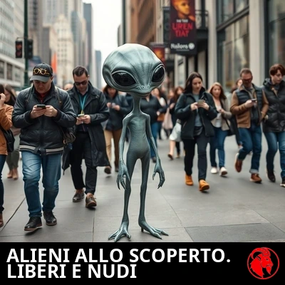 Un alieno grigio nudo cammina sicuro di s&eacute; lungo un affollato marciapiede cittadino mentre i passanti umani lo ignorano, assorti nei loro telefoni. Didascalia: Alieni finalmente smascherati. Che bella libert&agrave;, sentirsi nudi.