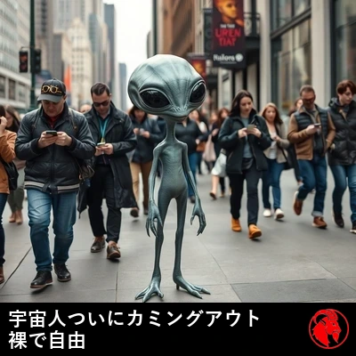 人混みの歩道を堂々と歩く全裸の灰色の宇宙人。一方の人間の歩行者たちはスマホに夢中で見向きもしない。キャプション：宇宙人、ついにカミングアウト。裸の自由を満喫中。
