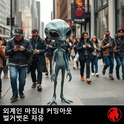 벌거벗은 회색 외계인이 붐비는 도심 인도를 당당하게 거닐고, 인간 행인들은 휴대폰에 빠져 그를 거들떠보지도 않는다. 캡션: 마침내 들통난 외계인. 벌거벗은 자유를 만끽하는 중.