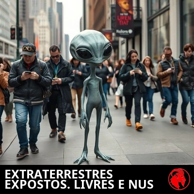 Um alienígena cinza nu caminhando com confiança por uma calçada movimentada da cidade enquanto pedestres humanos o ignoram, absortos nos celulares. Legenda: Alienígenas finalmente fora do armário. Sentindo a liberdade de andar pelado.