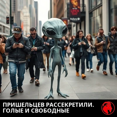 Голый серый инопланетянин уверенно прогуливается по людному городскому тротуару, а прохожие не обращают на него внимания, уткнувшись в телефоны. Подпись: Инопланетян наконец вывели на чистую воду. Ощущение голой свободы.