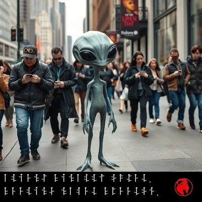 A naked grey alien strolling confidently down a crowded city sidewalk while human pedestrians ignore it, absorbed in their phones. Caption: Aliens finally outed. Feeling naked freedom.