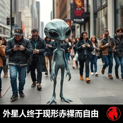 一名赤身裸体的灰人自信满满地走在熙熙攘攘的城市人行道上，周围的人类行人却只顾埋头看手机，对它视而不见。说明文字：外星人终于出柜，享受着赤裸的自由。