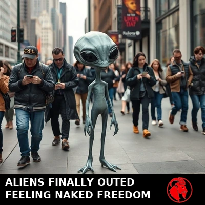 A naked grey alien strolling confidently down a crowded city sidewalk while human pedestrians ignore it, absorbed in their phones. Caption: Aliens finally outed. Feeling naked freedom.