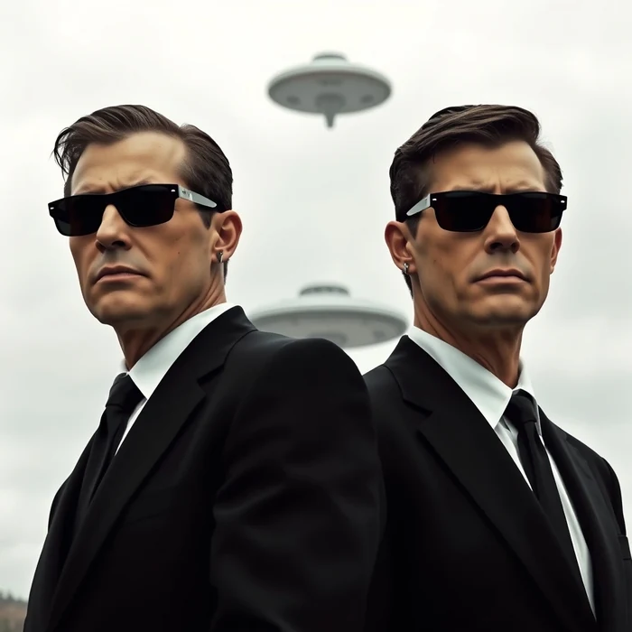 Two identical men in black suits and dark sunglasses standing before a flying saucer in an overcast sky