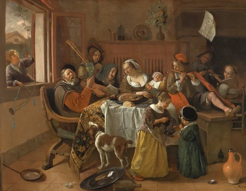 Jan Steen's painting 'The Merry Family' (1668, Rijksmuseum), a boisterous household drinking, singing, and making music together.