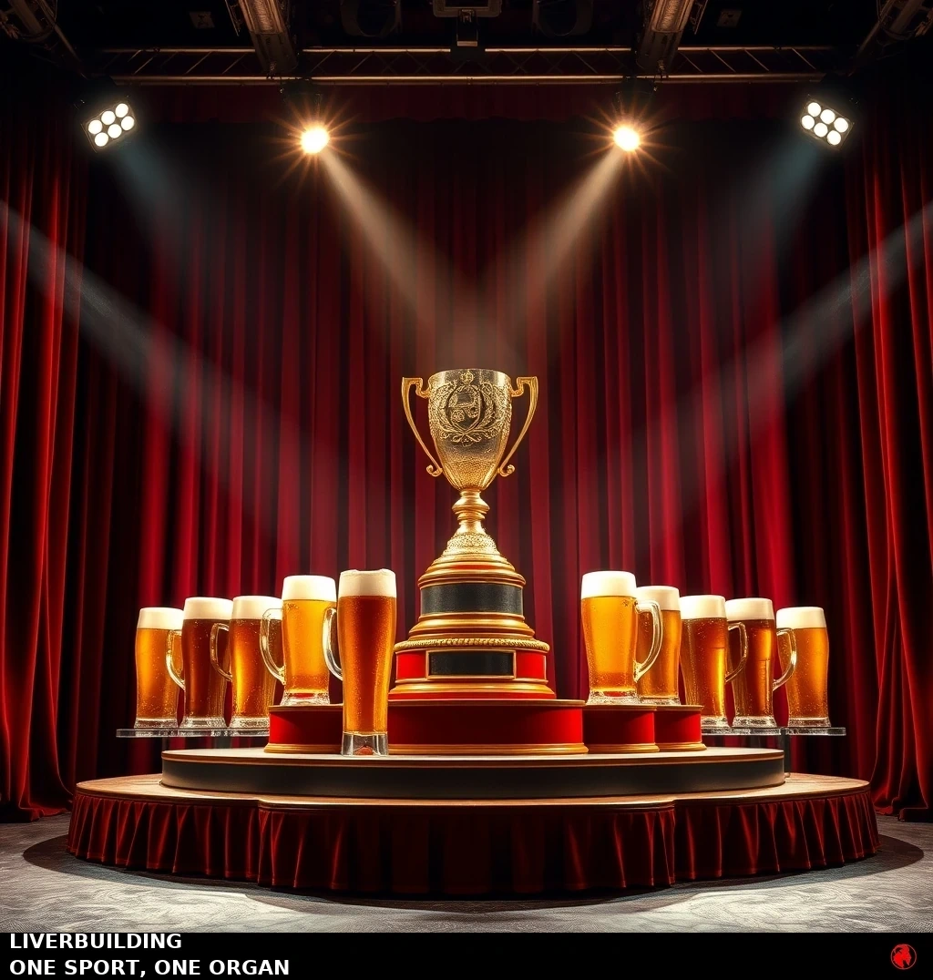 A glittering golden championship trophy on a podium ringed by tall pints of amber lager under bright theatrical spotlights against a red velvet curtain.