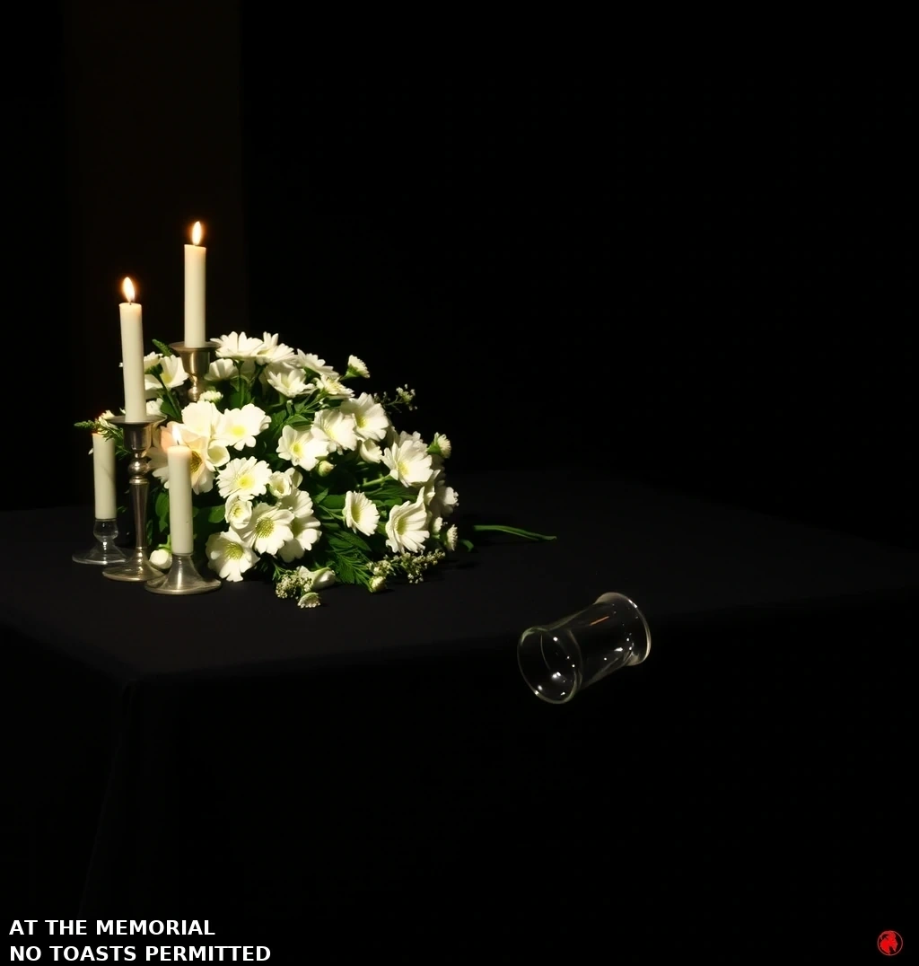A black-draped memorial table with a white funeral wreath, lit candles, and a single empty pint glass lying overturned on its side.