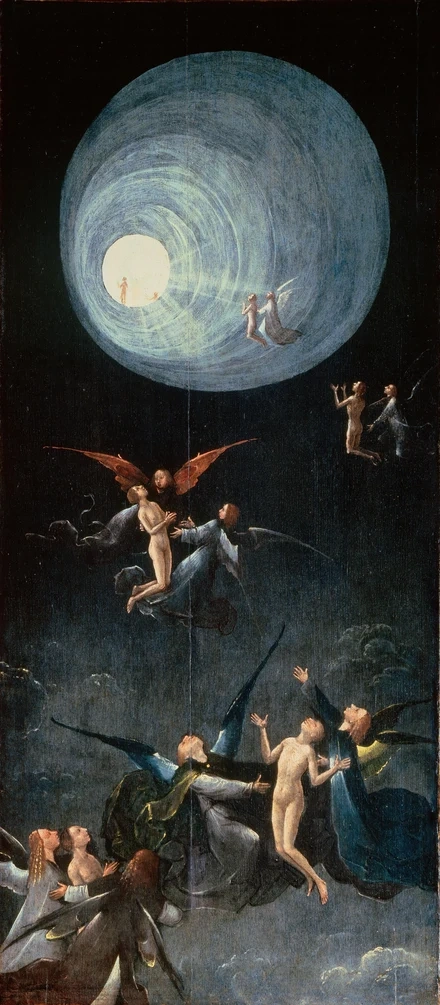 Hieronymus Bosch's painting 'Ascent of the Blessed' (c. 1505-15), souls guided by angels up a dark tunnel toward a circle of white light.