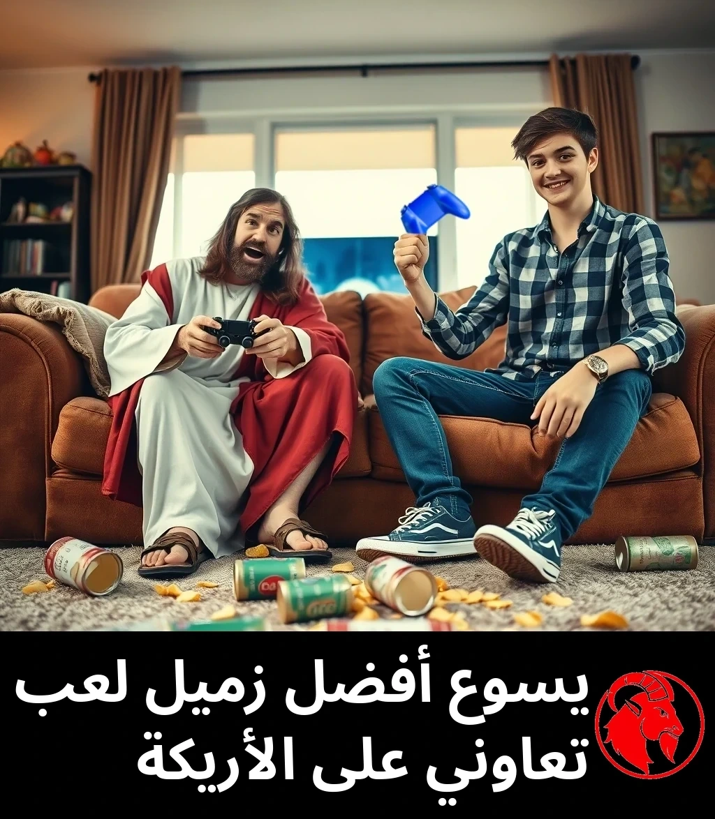 مشهد واقعي لغرفة جلوس: رجل يرتدي زي يسوع بثوب أبيض وأحمر وصندل يجلس على أريكة ممسكاً بذراع تحكّم إلى جانب مراهق مبتسم يرتدي قميصاً مربّعاً وحذاءً رياضياً، وكلاهما يمسك ذراع تحكّم، وعلب مشروبات غازية مسكوبة ورقائق مبعثرة على السجادة.