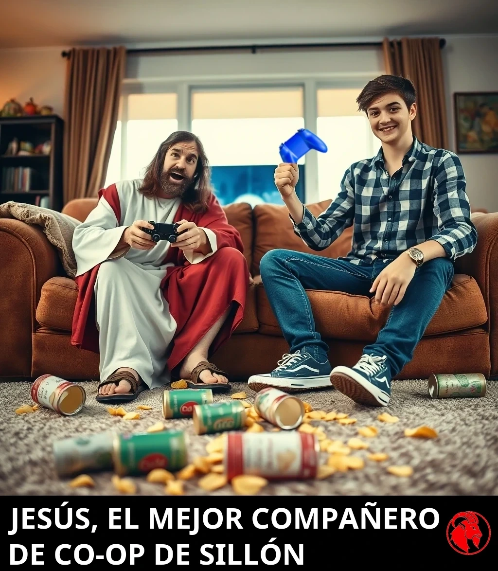 Escena fotorrealista de una sala: un hombre vestido como Jesús, con túnica blanca y roja y sandalias, está sentado en un sillón sosteniendo un control de videojuegos junto a un adolescente sonriente con camisa de franela y tenis; ambos sostienen controles, con latas de refresco derramadas y papas regadas por la alfombra.
