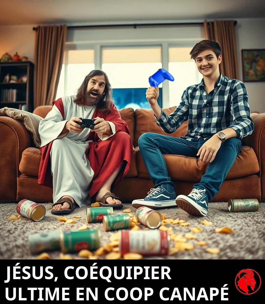Une scène de salon photoréaliste : un homme habillé en Jésus, en robe blanche et rouge et en sandales, est assis sur un canapé en tenant une manette à côté d'un adolescent souriant en chemise à carreaux et en espadrilles, tous deux manette en main, des canettes de boisson gazeuse renversées et des chips éparpillées sur le tapis.