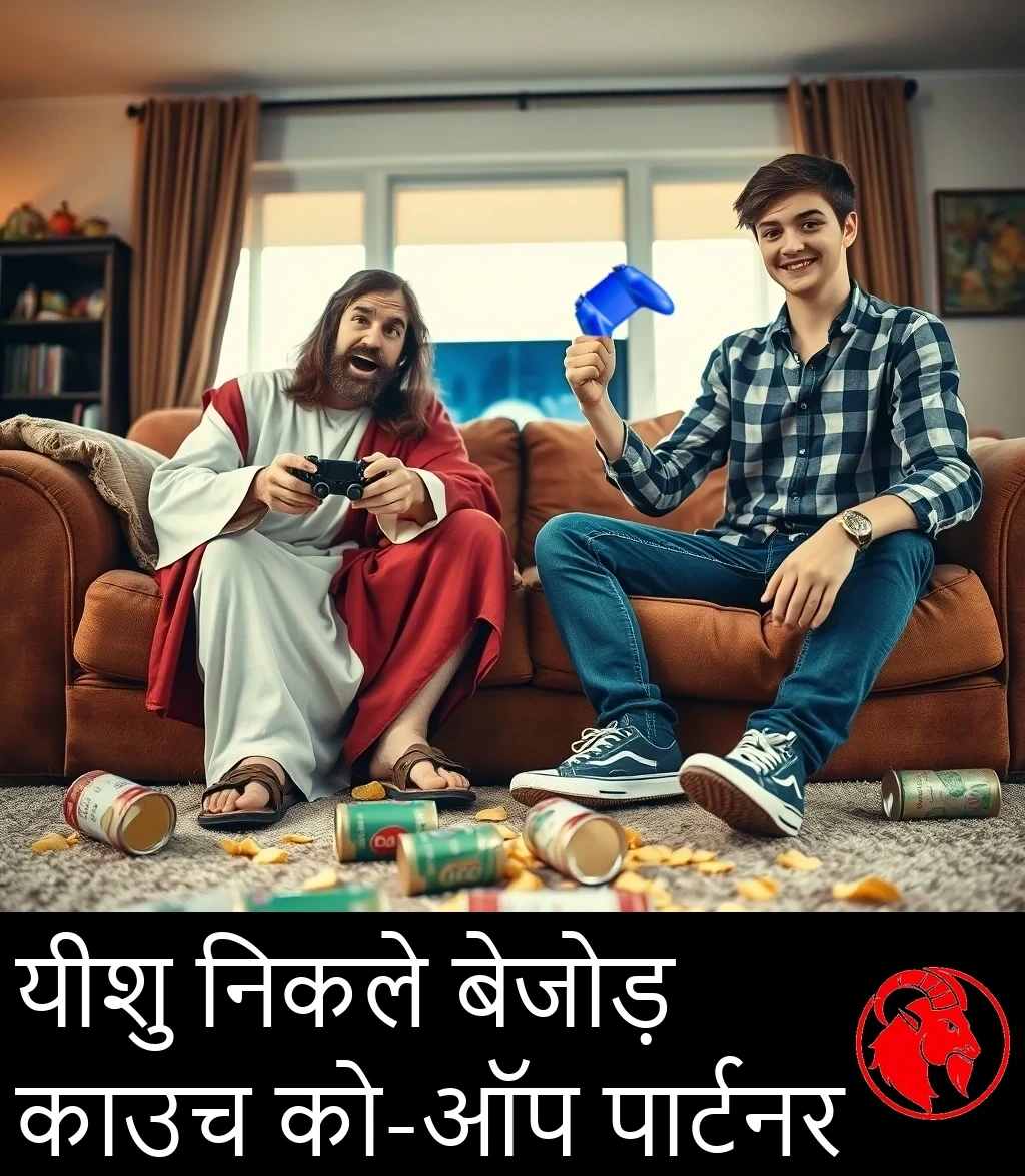 एक फ़ोटो-यथार्थवादी बैठक का दृश्य: सफ़ेद और लाल चोग़े और चप्पल पहने यीशु के रूप में एक व्यक्ति सोफ़े पर गेम कंट्रोलर थामे बैठा है, बगल में फ़्लानेल शर्ट और स्नीकर पहने एक मुस्कुराता किशोर, दोनों कंट्रोलर थामे, कालीन पर बिखरे सोडा के डिब्बे और चिप्स।