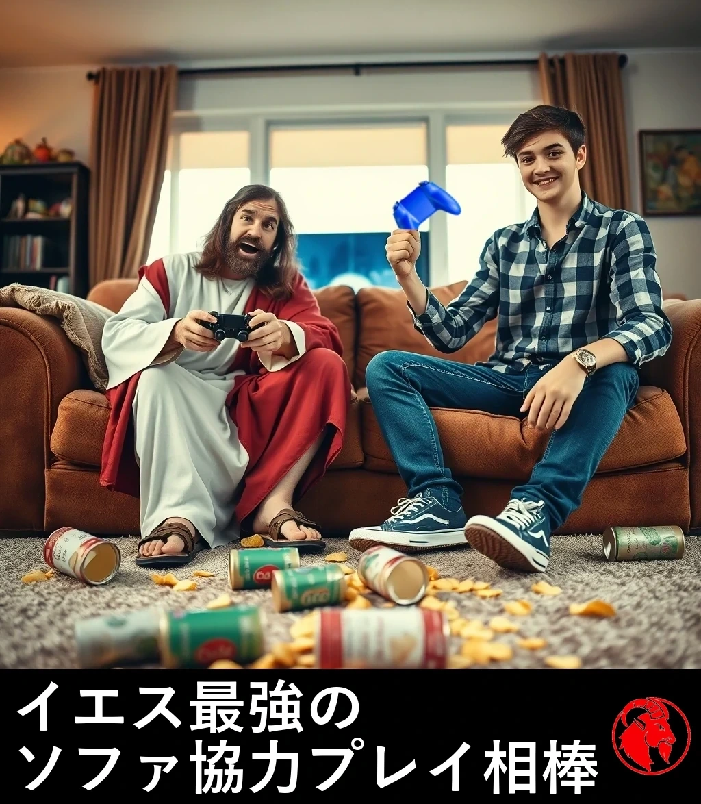 フォトリアルなリビングの光景。白と赤の衣をまといサンダルを履いたイエス風の男がソファに座ってゲームコントローラーを握り、その隣ではフランネルのシャツにスニーカー姿の少年が満面の笑みでコントローラーを手にしている。カーペットにはこぼれたソーダの缶とスナック菓子が散らばっている。