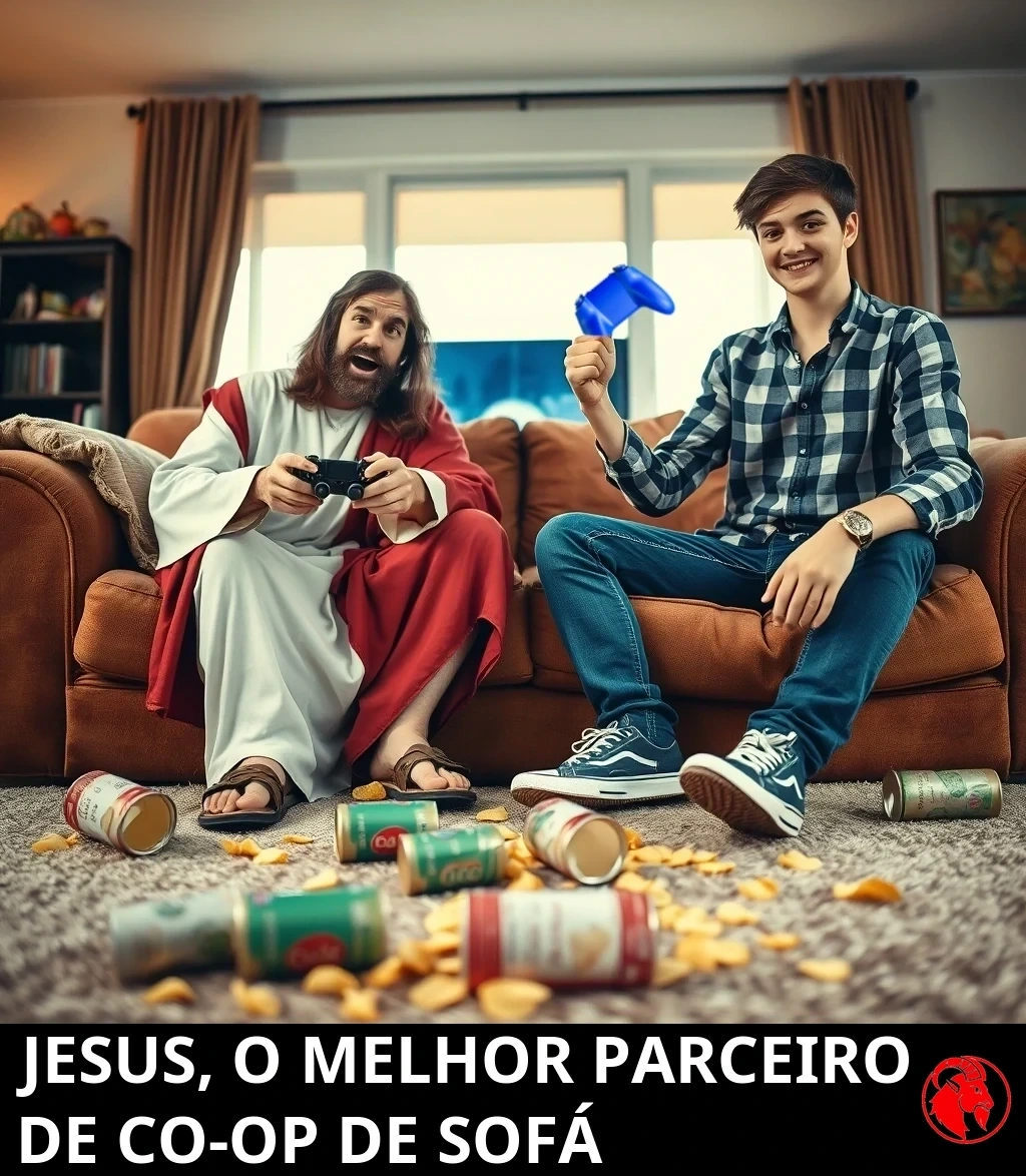 Uma cena de sala de estar fotorrealista: um homem vestido de Jesus, com túnica branca e vermelha e sandálias, está sentado num sofá segurando um controle de videogame ao lado de um adolescente sorridente de camisa xadrez e tênis, ambos com controles na mão, com latas de refrigerante derramadas e salgadinhos espalhados pelo tapete.