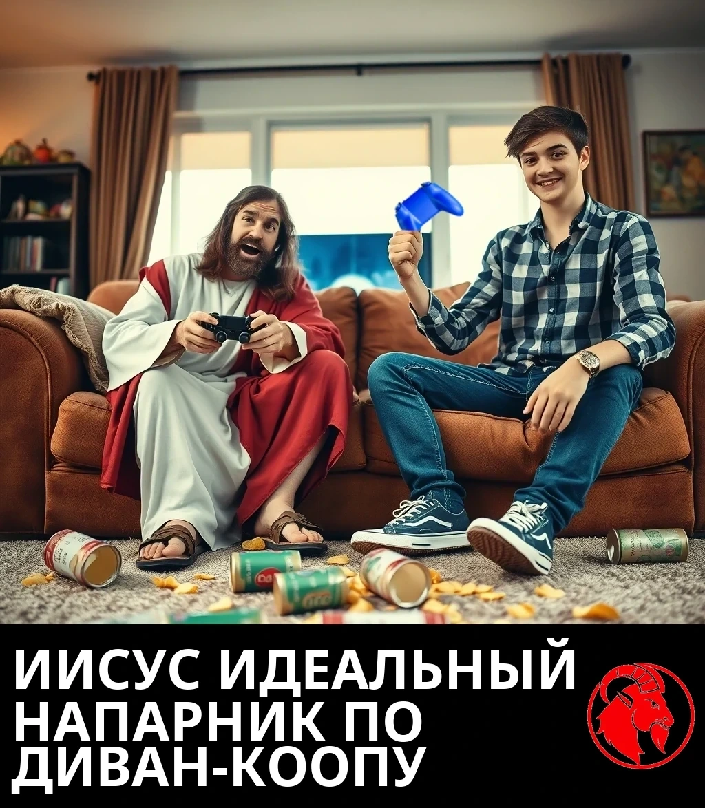Фотореалистичная сцена в гостиной: мужчина в образе Иисуса, в белых и красных одеждах и сандалиях, сидит на диване с геймпадом рядом с ухмыляющимся подростком в клетчатой рубашке и кроссовках, оба держат геймпады, по ковру разбросаны пролитые банки газировки и чипсы.