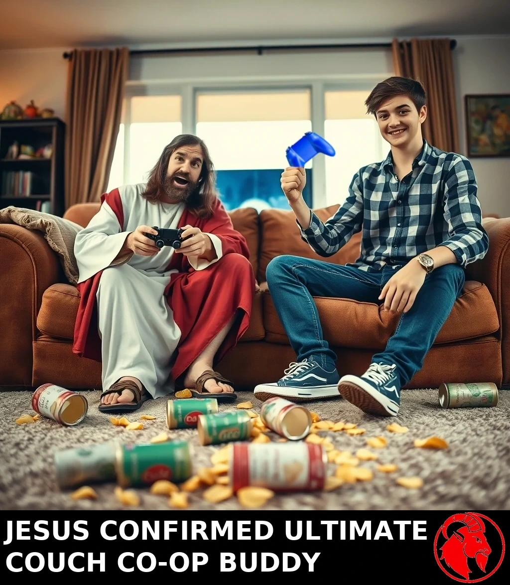 A photorealistic living-room scene: a man dressed as Jesus in white and red robes and sandals sits on a couch holding a game controller beside a grinning teenager in a flannel shirt and sneakers, both holding controllers, with spilled soda cans and chips scattered across the carpet.
