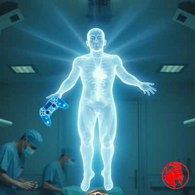 A teenager lies still in a hospital bed as masked doctors work beside him; his glowing translucent astral spirit sits up playing a video game controller.