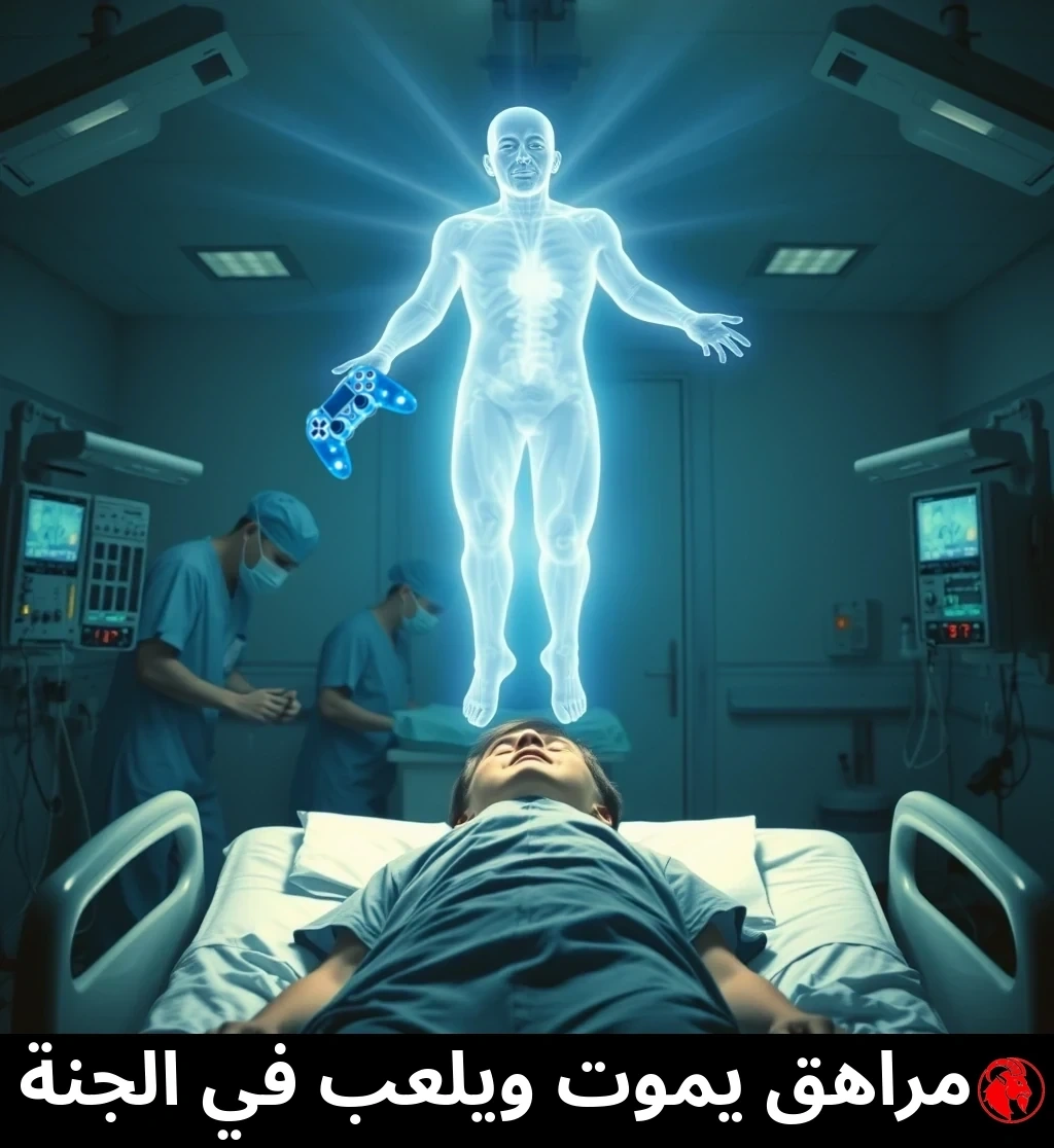 مراهق يرقد بلا حراك على سرير مستشفى بينما يعمل أطباء مقنّعون إلى جانبه؛ روحه الأثيرية المتوهّجة الشفافة تطفو فوق السرير ممسكة بذراع تحكّم لعبة فيديو أزرق أثيري.