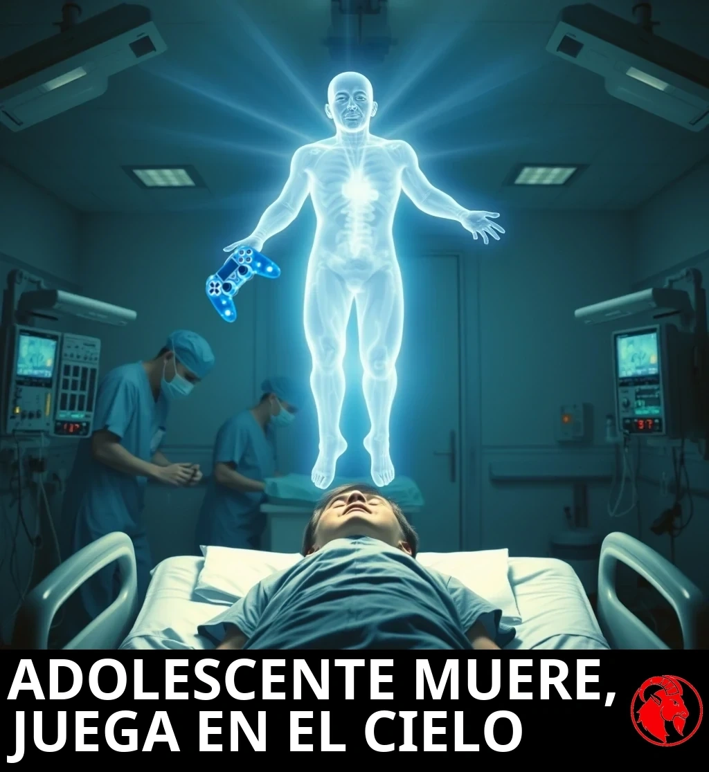 Un adolescente yace inmóvil en una cama de hospital mientras unos médicos con cubrebocas trabajan a su lado; su espíritu astral translúcido y brillante flota sobre la cama sosteniendo un control de videojuegos azul y etéreo.