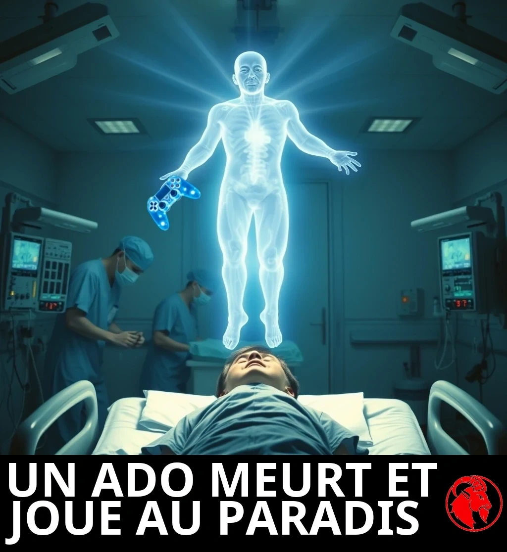 Un adolescent gît immobile dans un lit d'hôpital pendant que des médecins masqués s'affairent à son chevet ; son esprit astral, translucide et lumineux, flotte au-dessus du lit en tenant une manette de jeu vidéo bleue et éthérée.