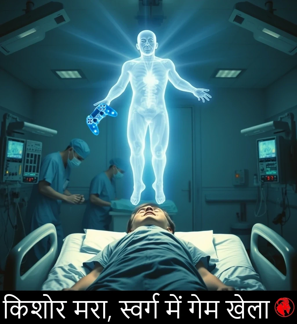 एक किशोर अस्पताल के बिस्तर पर निश्चल पड़ा है जबकि मास्क पहने डॉक्टर उसके पास काम कर रहे हैं; उसकी चमकती पारदर्शी सूक्ष्म आत्मा बिस्तर के ऊपर तैर रही है, हाथ में एक अलौकिक नीला वीडियो-गेम कंट्रोलर थामे।