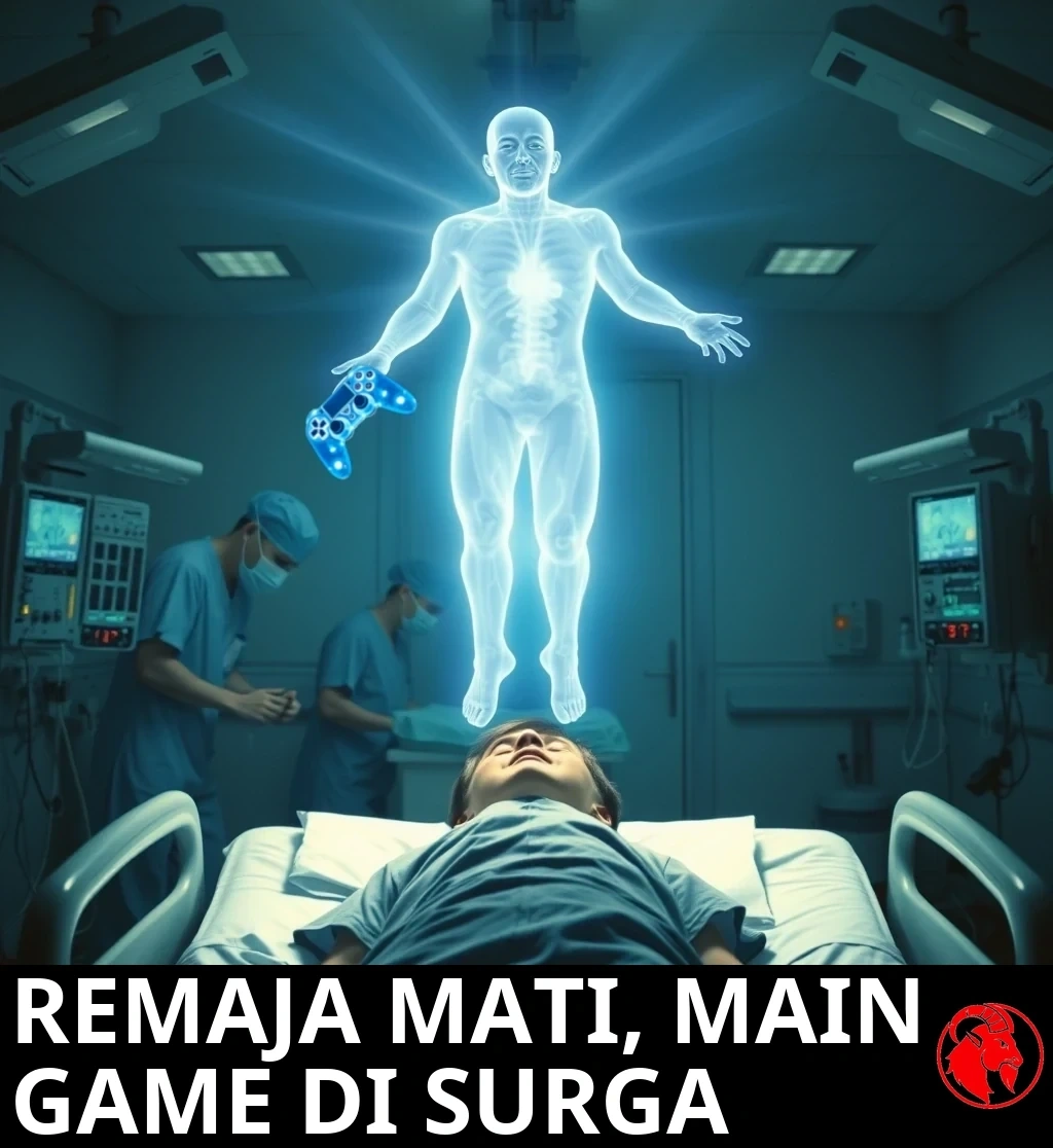 A teenager lies still in a hospital bed as masked doctors work beside him; his glowing translucent astral spirit floats above the bed holding an ethereal blue video-game controller.