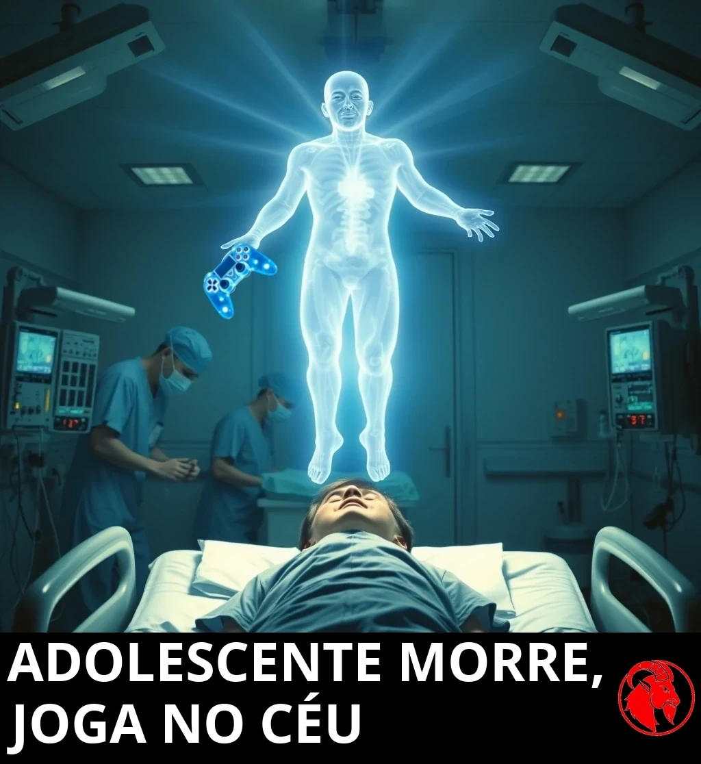 Um adolescente jaz imóvel numa cama de hospital enquanto médicos de máscara trabalham ao lado; seu espírito astral, translúcido e luminoso, flutua sobre a cama segurando um controle de videogame azul etéreo.
