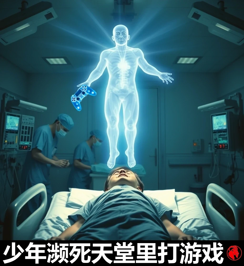 A teenager lies still in a hospital bed as masked doctors work beside him; his glowing translucent astral spirit floats above the bed holding an ethereal blue video-game controller.