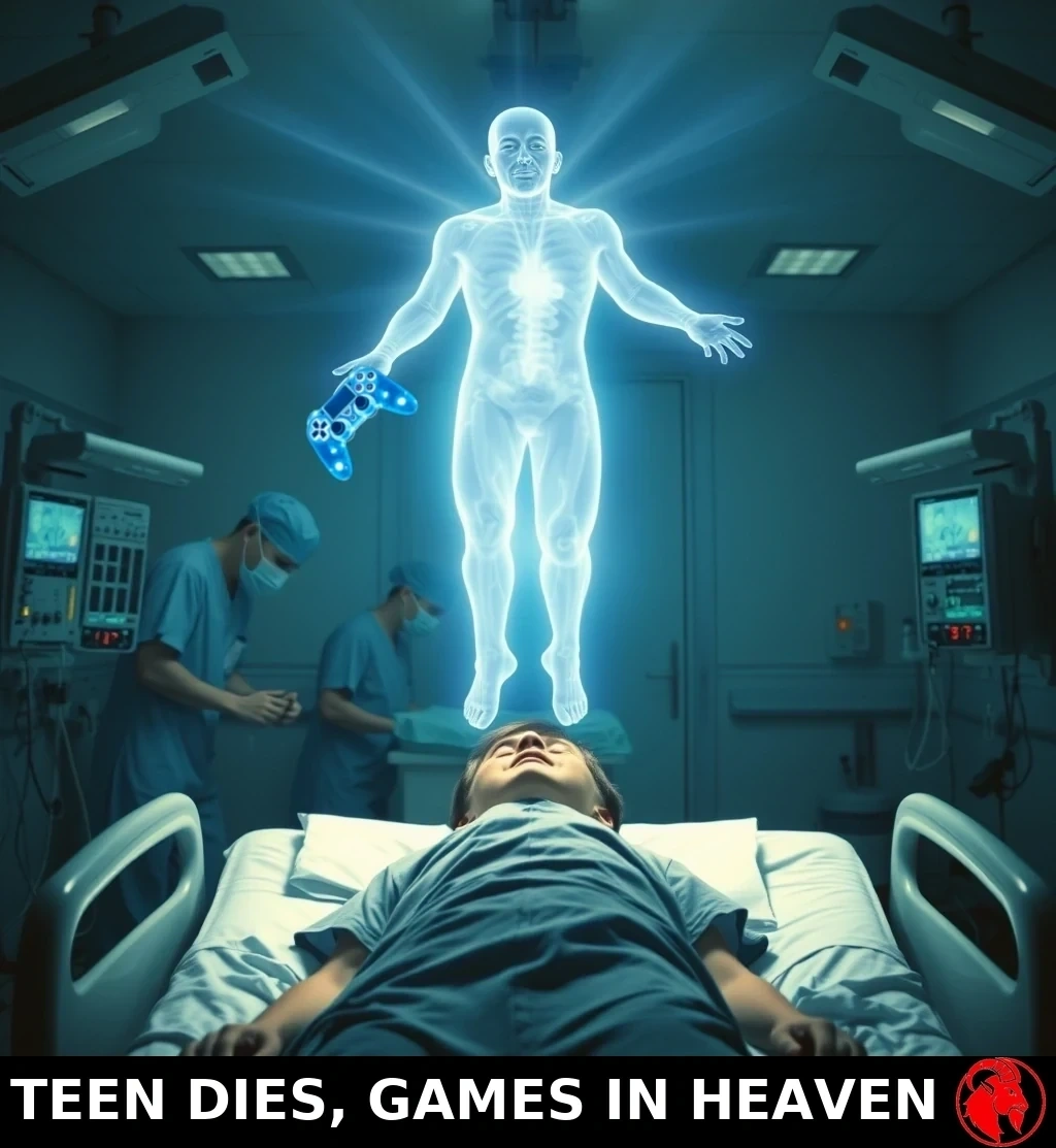 A teenager lies still in a hospital bed as masked doctors work beside him; his glowing translucent astral spirit floats above the bed holding an ethereal blue video-game controller.