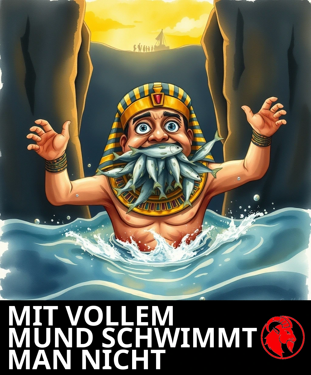 Ein panischer ägyptischer Pharao strampelt im Wasser zwischen zwei turmhohen Wänden geteilten Meeres, den Mund vollgestopft mit silbernen Fischen, während das befreite Volk am fernen Ufer feiert.