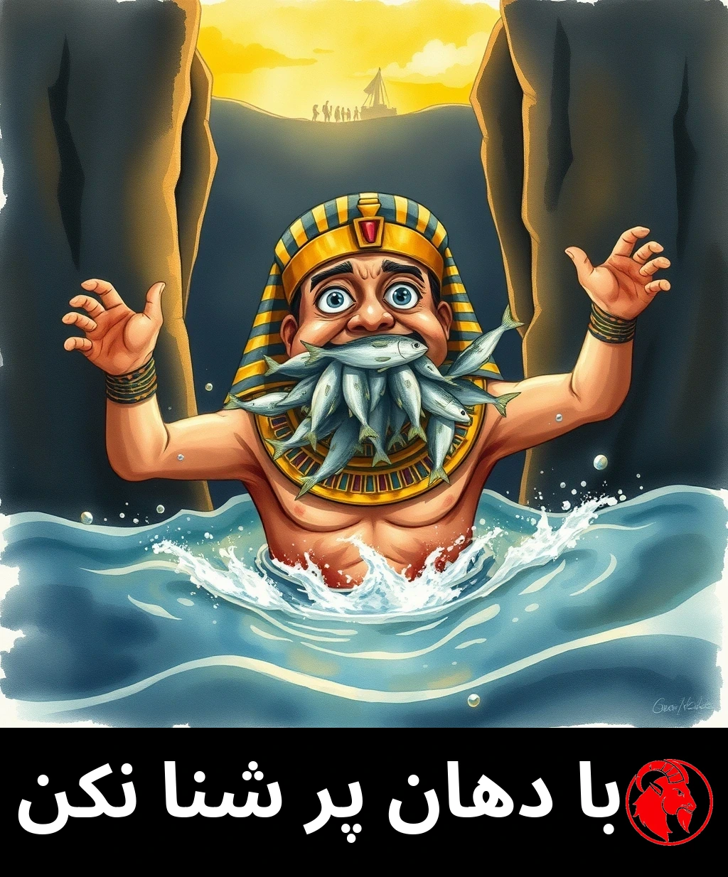 فرعونی مصری و وحشت‌زده میان دو دیوارِ سر به فلک کشیده‌ی دریای شکافته دست‌وپا می‌زند، دهانش پر از ماهی‌های نقره‌ای است، و در ساحلِ دور، مردمِ آزادشده جشن گرفته‌اند.