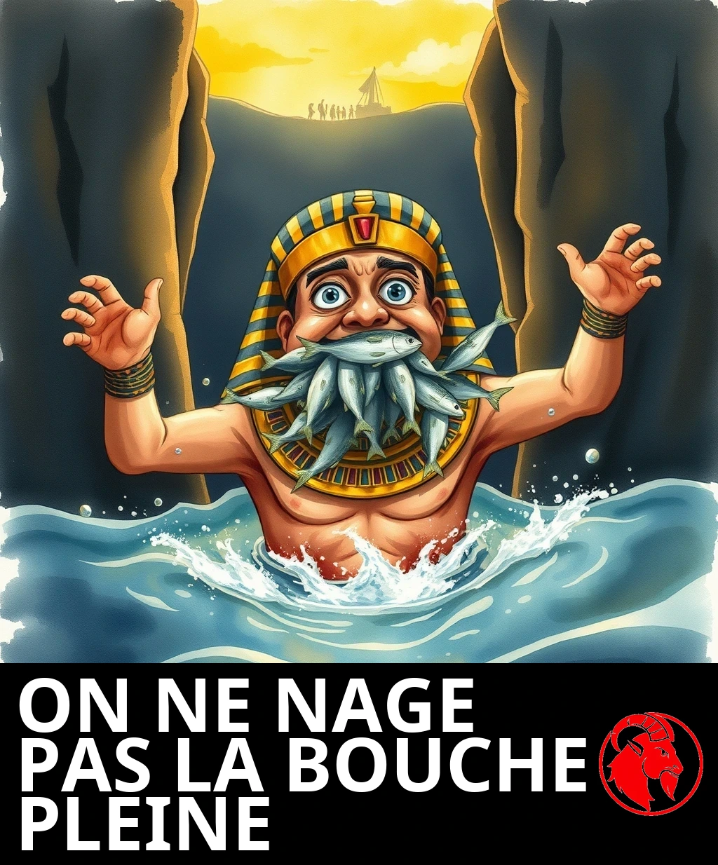 Un pharaon égyptien paniqué nage entre deux immenses murailles de mer fendue, la bouche bourrée de poissons argentés, tandis que le peuple libéré fête sur la rive lointaine.