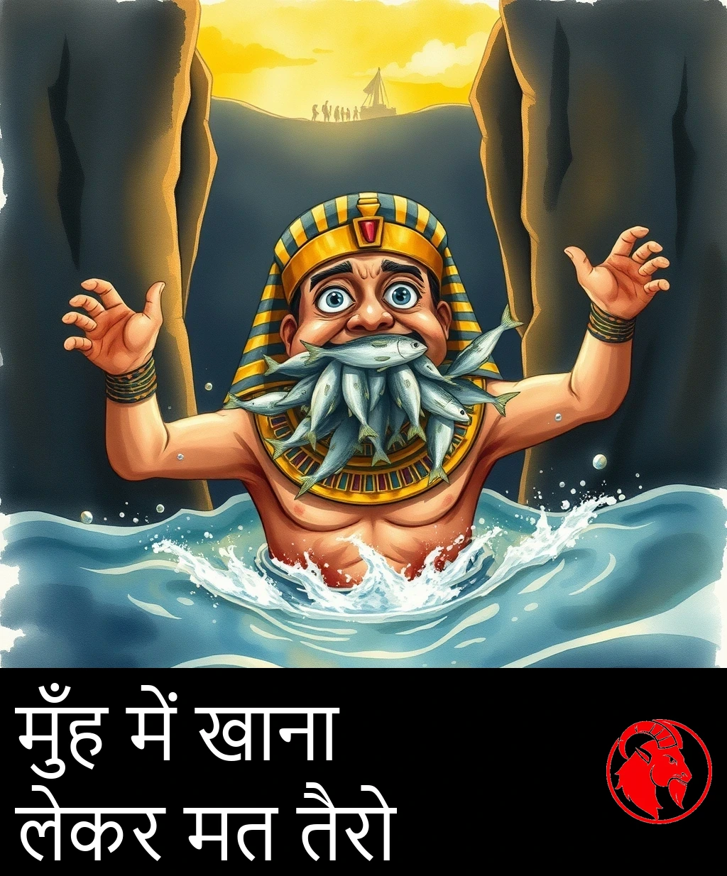 घबराया हुआ मिस्री फ़िरौन चीरे हुए समुद्र की दो ऊँची दीवारों के बीच पानी में हाथ-पाँव मार रहा है, उसका मुँह चाँदी-सी मछलियों से ठुँसा है, और दूर किनारे पर आज़ाद हुए लोग जश्न मना रहे हैं।