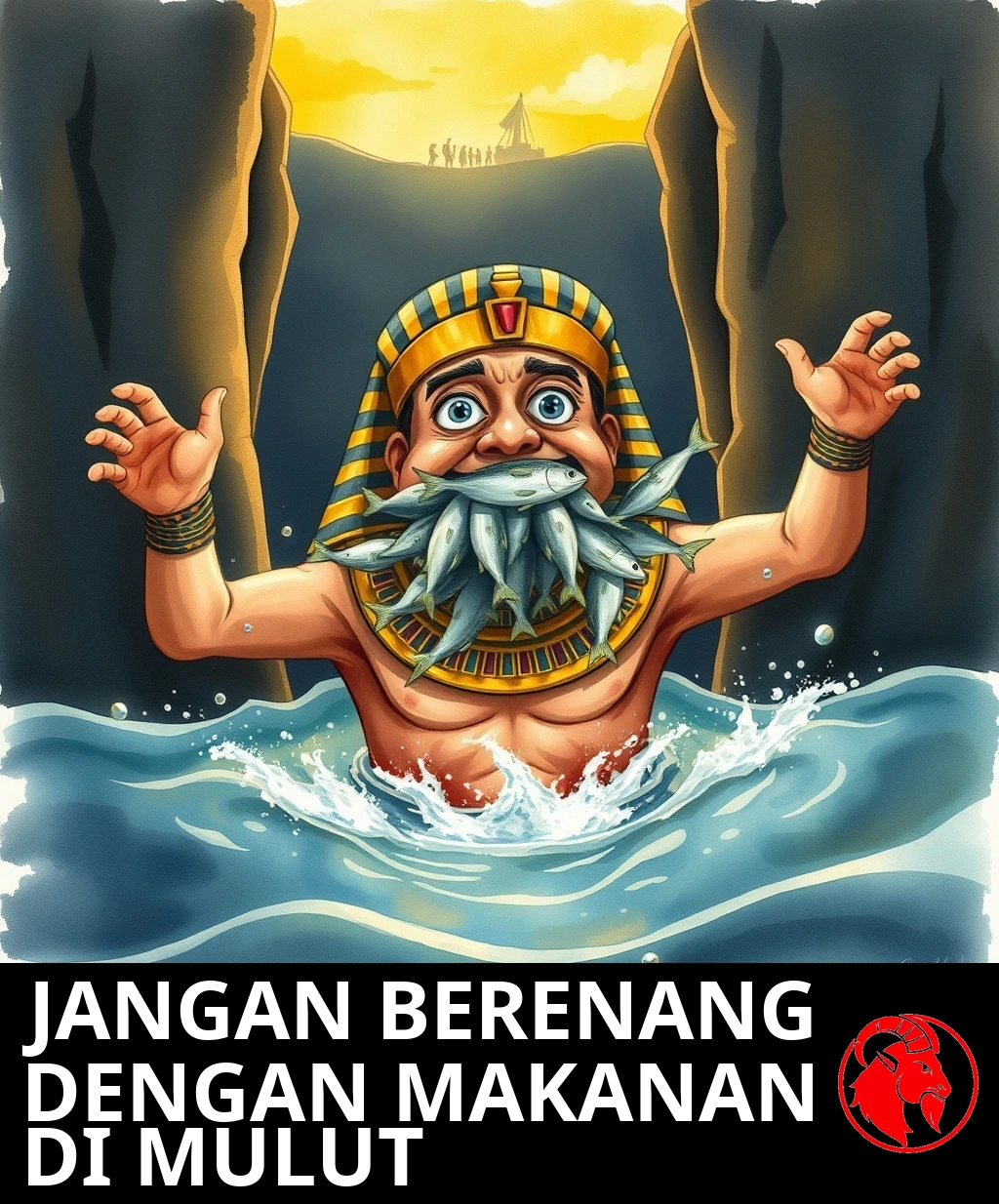 Seorang firaun Mesir yang panik menggapai-gapai di antara dua dinding laut terbelah yang menjulang, mulutnya penuh sesak ikan perak, sementara kaum yang telah merdeka berpesta di pantai seberang.