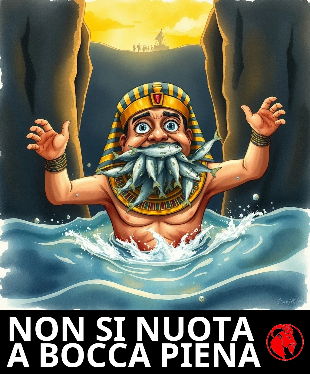 Un faraone egizio in preda al panico annaspa tra due torreggianti muraglie di mare diviso, la bocca zeppa di pesci argentati, mentre il popolo liberato festeggia sulla riva lontana.